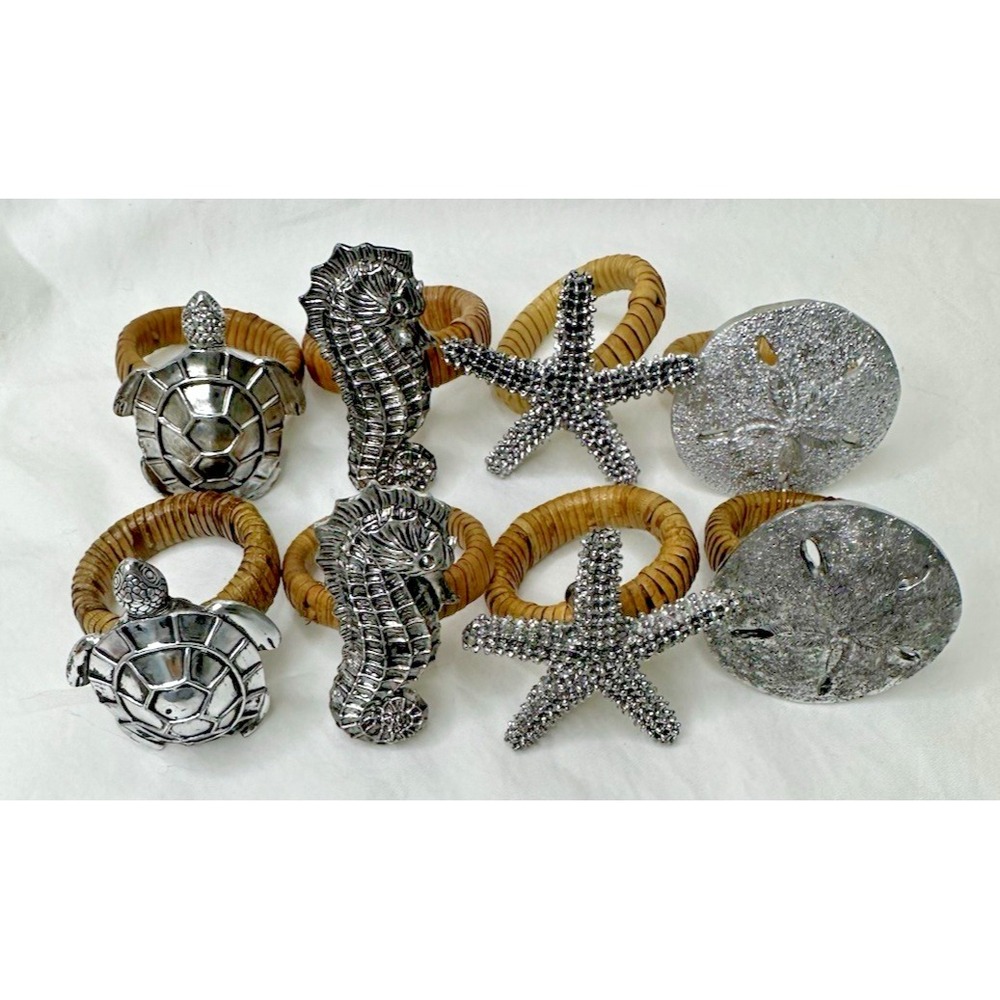 Beach Sea life Napkin Holder Set 8 Rattan Wrapped Silver Tone Coastal SeaShell
